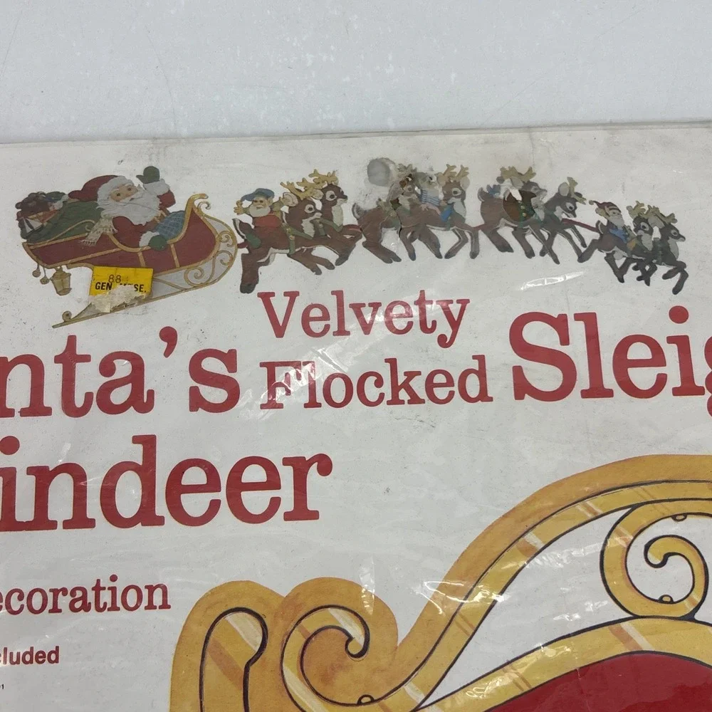 Vintage 1980s PECK Santa's Sleigh & Reindeer 6 Foot Velvety Flocked‎ Die Cut NEW